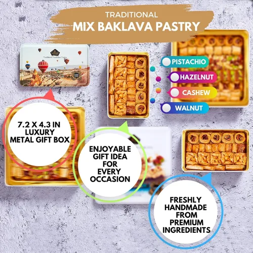 Vista 2 de Cerez Pazari Baklava Pastelería de 8.5 onzas, caja de regalo de Baklava con ricos pistachos, nueces, avellanas y anacardos, Shatila Baklava Halal