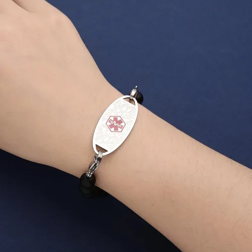Vista 5 de Pulseras personalizadas de alerta médica para mujer, grabado gratis, pulsera de identificación médica de acero inoxidable para mujer