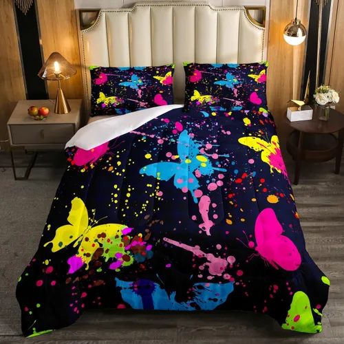 Vista 9 de Erosebridal Juego de edredón de mariposa tamaño individual, diseño de flores azules, acuarela, mariposa, floral, para niños, niñas, jóvenes