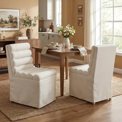 Vista 9 de CIMOTA Juego de 2 sillas de comedor tapizadas, sillas de comedor de tela moderna con respaldo alto cilíndrico/funda con faldón, sillas de cocina sin