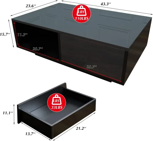 Vista 6 de COSVALVE Mesa de centro LED de alto brillo con cajón y luces LED de 16 colores, moderna mesa de centro para sala de estar con espacio de Negro
