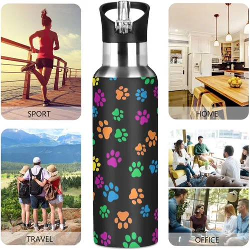 Vista 5 de Colorful Dog Paw Prints Stainless Steel Water Bottle 32 Oz, BPA-Free Sports Water Bottle with Straw Leakproof Water Bottles