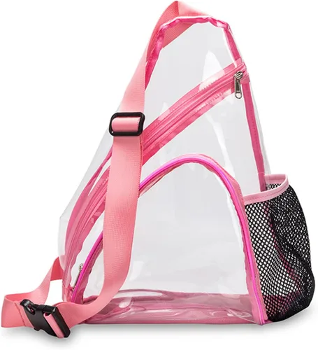 Vista 2 de Bolso bandolera transparente mochila cruzada de PVC aprobada por el estadio mochila informal transparente para senderismo viajes conciertos Rosado