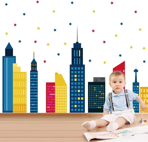Vista 2 de Runtoo Calcomanías de pared coloridas con diseño de horizonte de ciudad, diseño de estrellas, para dormitorio, cuarto de bebé, sala de estar