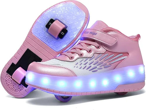Vista 11 de Wooowyet - Tenis con ruedas y luces LED para niños y niñas, con ruedas, USB recargable, cierre de gancho y bucle