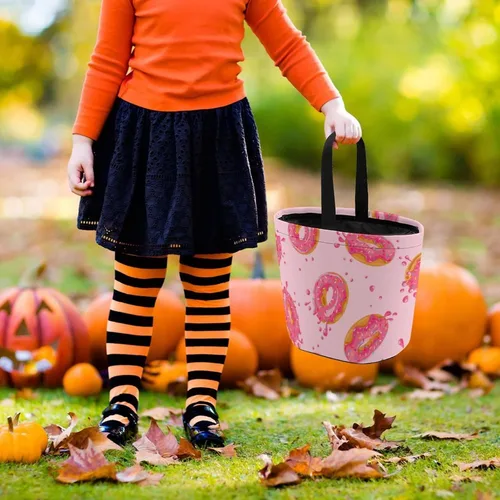 Vista 6 de Bolsas de asas con estampado de rosquillas dulces para Halloween, bolsa de regalo, cesta de caramelos, cubo portátil reutilizable