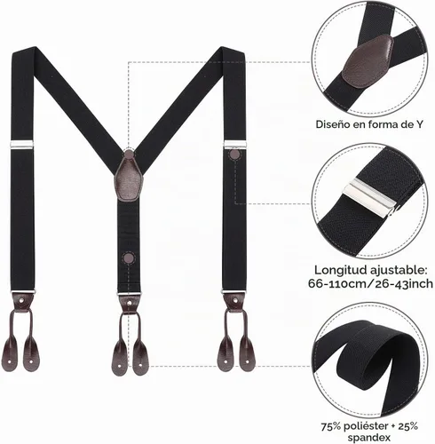 Vista 4 de AWAYTR Tiradores de botones de color marrón para hombre - Tiradores ajustables elásticos en forma de Y para esmoquin Negro