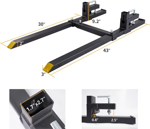 Vista 3 de YINTATECH Horquillas de tractor de alta resistencia con abrazadera de 43 pulgadas y 2000 libras con barra estabilizadora ajustable para accesorios