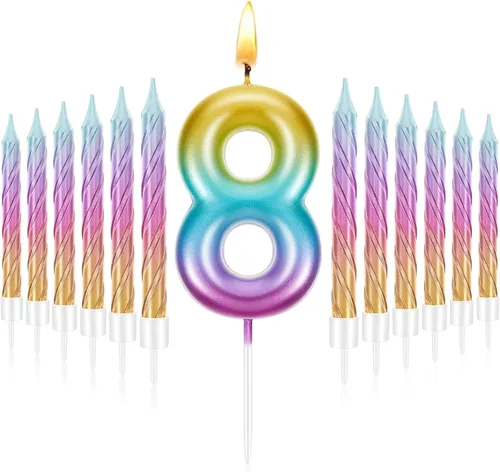 Vista 12 de Treela Vela de cumpleaños de 3 años para pastel con 12 piezas en espiral con números de arco iris, velas degradadas de tercer cumpleaños para niñas