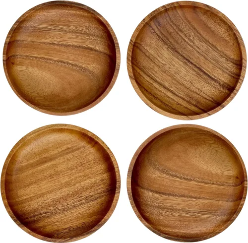 Vista 6 de Juego de 4 platos de madera de acacia, redondos de 6 pulgadas, postre de madera maciza de 1 pulgada de grosor, platos laterales y aperitivos