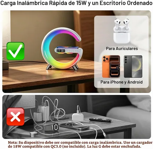 Vista 7 de 4 In 1 Smart LED Table Lamp, Alarm Clock, Bluetooth Speaker, Wireless Charger, App Control Night Light Bedside Lamp with Fast Charging Station for
