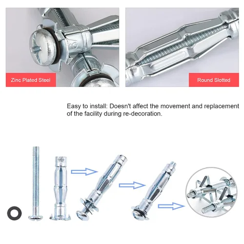 Vista 4 de Tornillo de acero chapado en zinc, juego de tornillos de anclaje de pared huecos resistentes, pernos Molly para metal, paneles de yeso, yeso