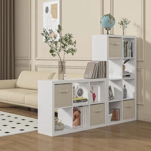 Vista 2 de Estantería con contenedor de almacenamiento, organizador de almacenamiento de 6 cubos, estantería abierta de madera moderna, estante de cubículos