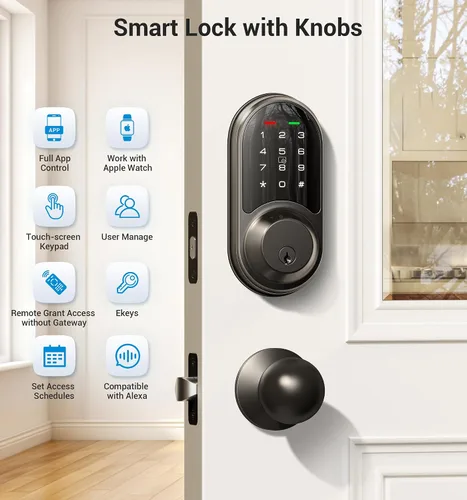 Vista 3 de Veise RZ06C Smart Lock - Cerrojo electrónico con 2 perillas y mangos, color Negro