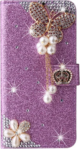 Vista 7 de XYX Funda tipo cartera para Samsung Galaxy A32 5G, Bling Glitter Crown Butterfly Diamond Flip Card Slot Luxury Girl Women Phone Cover - Negro