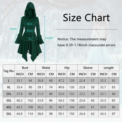 Vista 4 de Vestido medieval con capucha para mujer, estilo gótico, renacentista, asimétrico, vintage, de manga larga, steampunk, con capucha