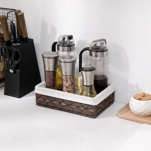 Vista 8 de Cesta rectangular de mimbre con forro, cesta decorativa para mesa de café, organizador de encimera de baño, organizador rectangular de cajones