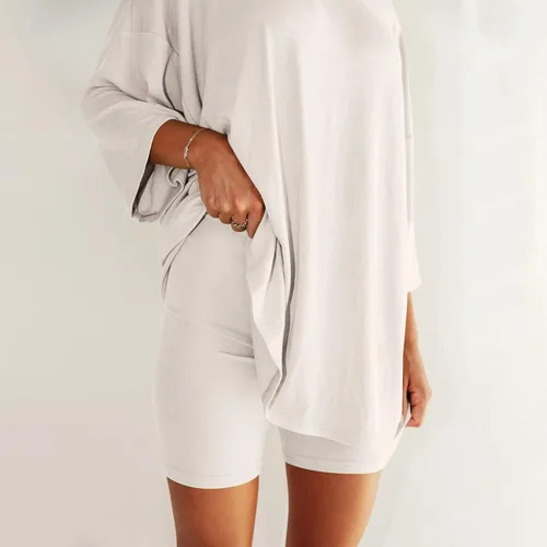 Vista 7 de Two Piece Outfits for Women Summer Weekend Loungewear Sets Oversized Tee & Biker Short Set Ribbed Knitted Tracksuit