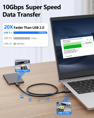 Vista 3 de SUNGUY Cable USB C Android Auto de 0.5 pies/6 pulgadas, 10 Gbps USB C 3.1 Gen 2 Transferencia de datos, cable USB A a USB C CarPlay de carga rápida