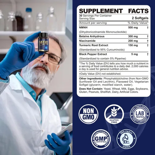 Vista 4 de NEVISS Suplemento NAD+, NMNH liposomal de última generación 500 mg, alternativa de suplemento NR NMNN, NAD+ de alta absorción con curcumina