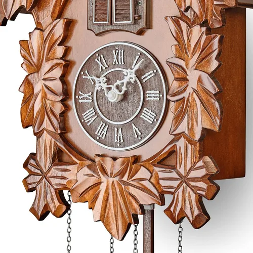 Vista 7 de Reloj de cuco con modo nocturno, decoraciones talladas a mano y péndulo oscilante (marrón)