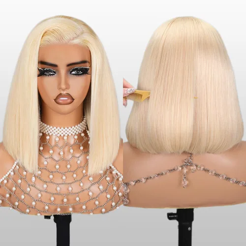 Vista 27 de Peluca de cabello humano rubio estilo Bob de 13 x 4 con encaje frontal, peluca Bob de 10 pulgadas 613 Lace Front Wig Human Hair Pre Plucked With