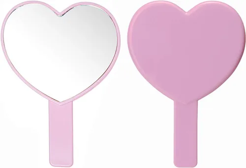 Vista 4 de Espejo de mano de maquillaje en forma de corazón, espejo de mano de viaje, espejo cosmético personal portátil con asa (rosa)