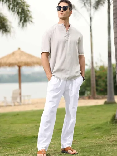 Vista 6 de MorwenVeo Pantalones de lino para hombre, casuales, con cordón, para yoga, playa, ligeros, holgados, cintura elástica, pantalones de verano