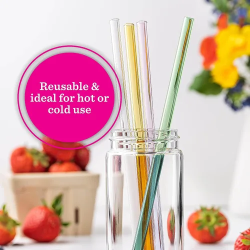 Vista 2 de Pajitas de vidrio – Dos colores – Juego de 5 unidades para beber jugos, batidos, aguas, resistentes a roturas, reutilizables, elegantes