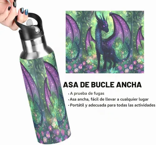 Vista 3 de Purple Dragon Botella de Agua para Niños Aislada Deportiva al Vacío de Acero Inoxidable con Tapa de Pajita y Asa 20 oz a001