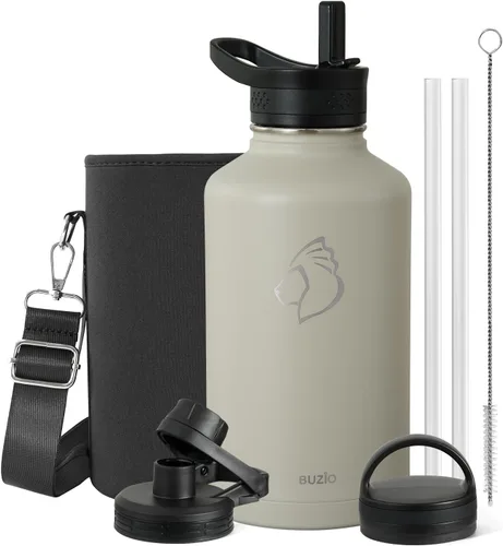 Vista 9 de BUZIO Botella de agua de 32 onzas aislada con popote y 3 tapas y bolsa de transporte, a prueba de fugas, frasco jarra de agua de acero inoxidable
