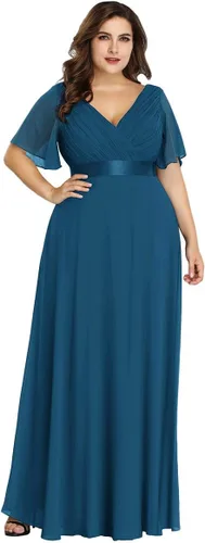 Vista 20 de Ever-Pretty Vestidos formales de noche de gasa para mujer con cuello en V de talla grande para mujeres con curvas, vestido de dama de honor de largo