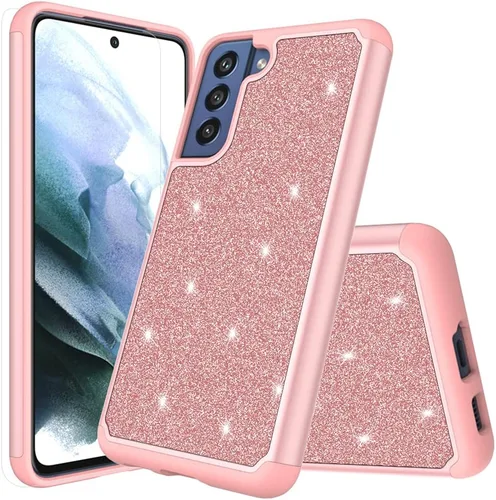 Vista 8 de Diseñada para Samsung Galaxy S21 FE Phone Glitter Case con vidrio templado, resistente de doble capa a prueba de golpes, funda protectora