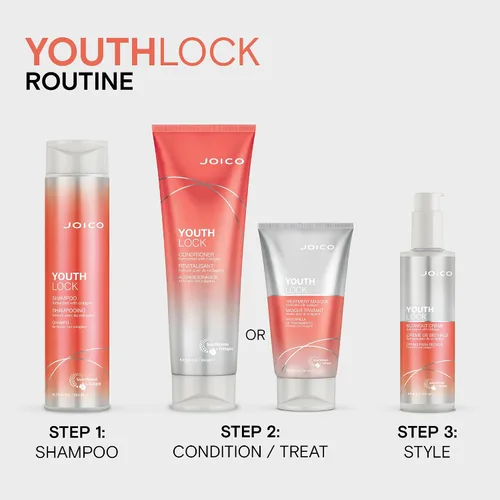 Vista 6 de Joico YouthLock Set formulado con colágeno Cuerpo juvenil y rebote Reduce la rotura y el encrespamiento Suaviza y desenreda el cabello