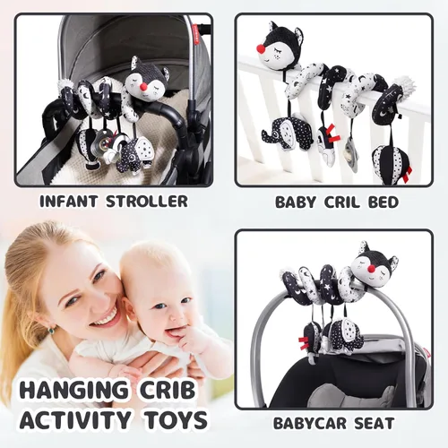 Vista 4 de Koty Juguetes para Asiento de Coche, Juguete de Peluche en Espiral para Bebés con Caja de Música, Sonajero y Cascabeles Colgantes para Cochecito