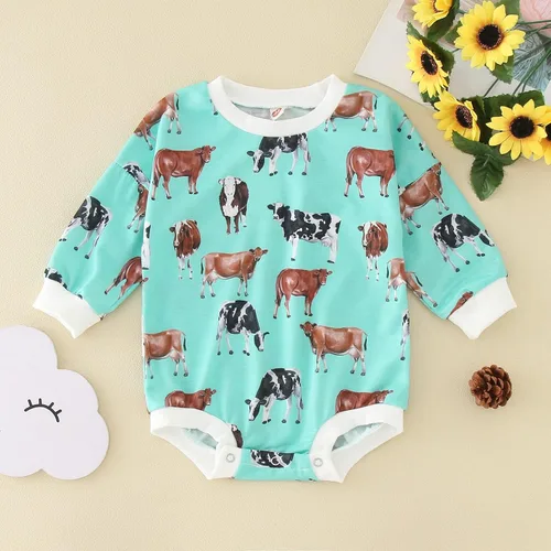 Vista 2 de Sudadera de gran tamaño para bebés y niñas con cuello redondo y estampado de vaca de manga larga con burbujas para otoño e invierno