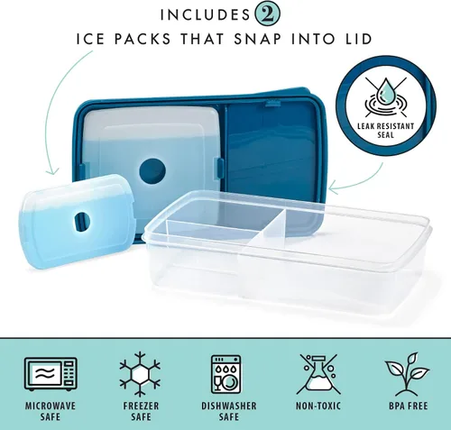 Vista 3 de Fit & Fresh Lonchera Bento para adultos y niños, incluye 2 paquetes de hielo delgados con clip, reutilizable, resistente a fugas y apilable