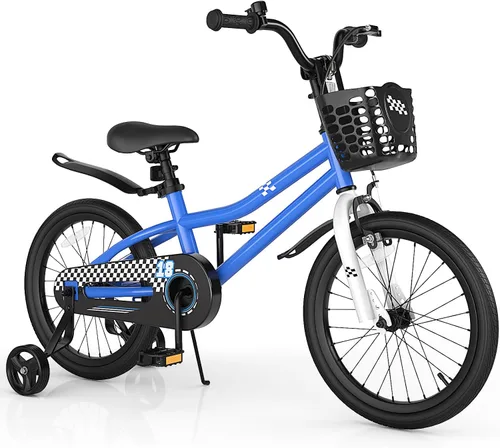 Vista 22 de HONEY JOY Bicicleta para niños, 12, 14, 16, 18, 20 pulgadas, con ruedas de entrenamiento y freno de mano, marco de acero, cadena totalmente cerrada