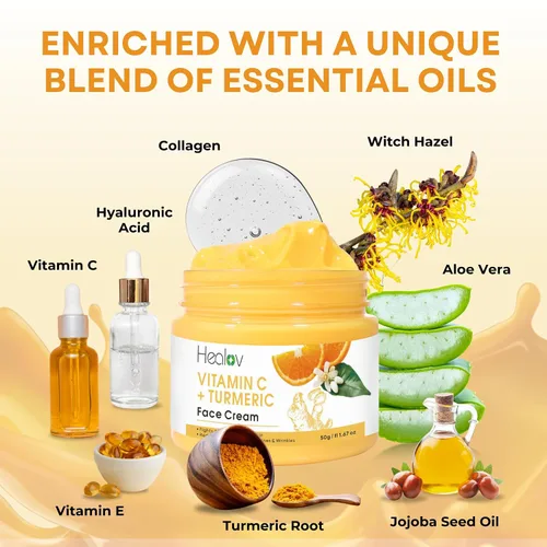 Vista 5 de Healov Crema facial de cúrcuma para manchas oscuras, loción iluminadora natural de la piel de cúrcuma para cara y cuerpo, limpia la piel, combate