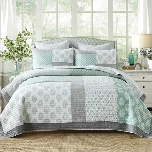 Vista 10 de Y-PLWOMEN - Juego de cama Queen con edredón/cubrecama de algodón 100% ligera, reversible, floral, rústico, para todas las estaciones Azul/Blanco/Gris