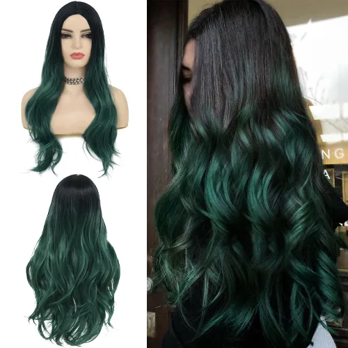 Vista 11 de Swiking Pelucas largas de color verde y negro para mujer, pelucas de cabello ondulado natural ombré verde sintético de fibra suave para fiesta