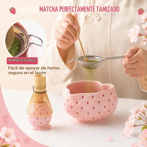 Vista 5 de Juego de batidor de matcha, juego de 7 piezas de matcha de fresa con Pajita rosa