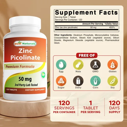 Vista 2 de Best Naturals Suplementos de zinc de 50 mg (como picolinato de zinc) – Vitaminas para adultos Apoyo inmunológico – 120 tabletas