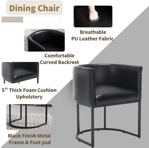 Vista 4 de HNY Silla de comedor moderna de mediados de siglo tapizada en forma de barril, negra, con brazos, silla de cocina y comedor de cuero, silla auxiliar