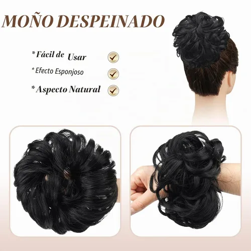 Vista 3 de FESHFEN Pieza de Cabello Grande de Moño Desordenado de Fibra Sintética Negro Azabache, 1.94 oz