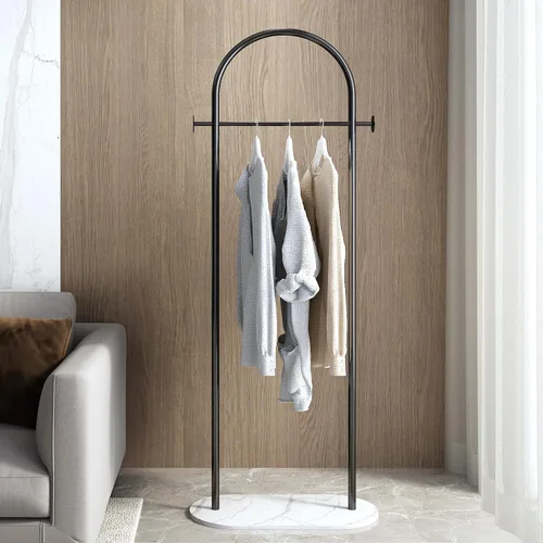 Vista 3 de Perchero independiente con base de mármol, moderno perchero de arco negro para espacios pequeños, perchero de metal resistente, percheros