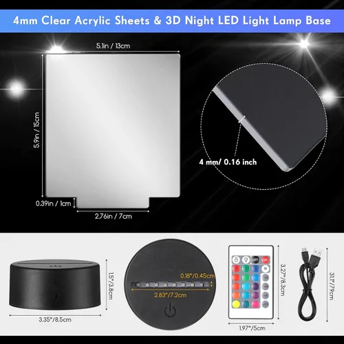 Vista 2 de 12 piezas de láminas acrílicas transparentes y 12 piezas de base de lámpara LED nocturna 3D con control remoto y cable USB, juego de base de lámpara