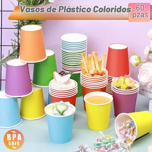 Vista 5 de KesaPlan 60 vasos de papel desechables de 9 onzas, vasos de plástico para fiestas, vasos de papel arcoíris, 6 colores para bebidas frías calientes