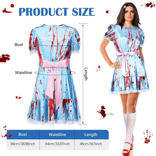 Vista 2 de 8 piezas de disfraces de Halloween para mujer, gemelos manchados de sangre, con cinta rosa y calcetín alto hasta la rodilla, cintas de fiesta