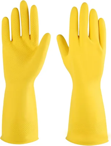 Vista 8 de Guantes de limpieza de goma, 3 o 6 pares para el hogar, guantes reutilizables para lavar platos para la cocina. Azul